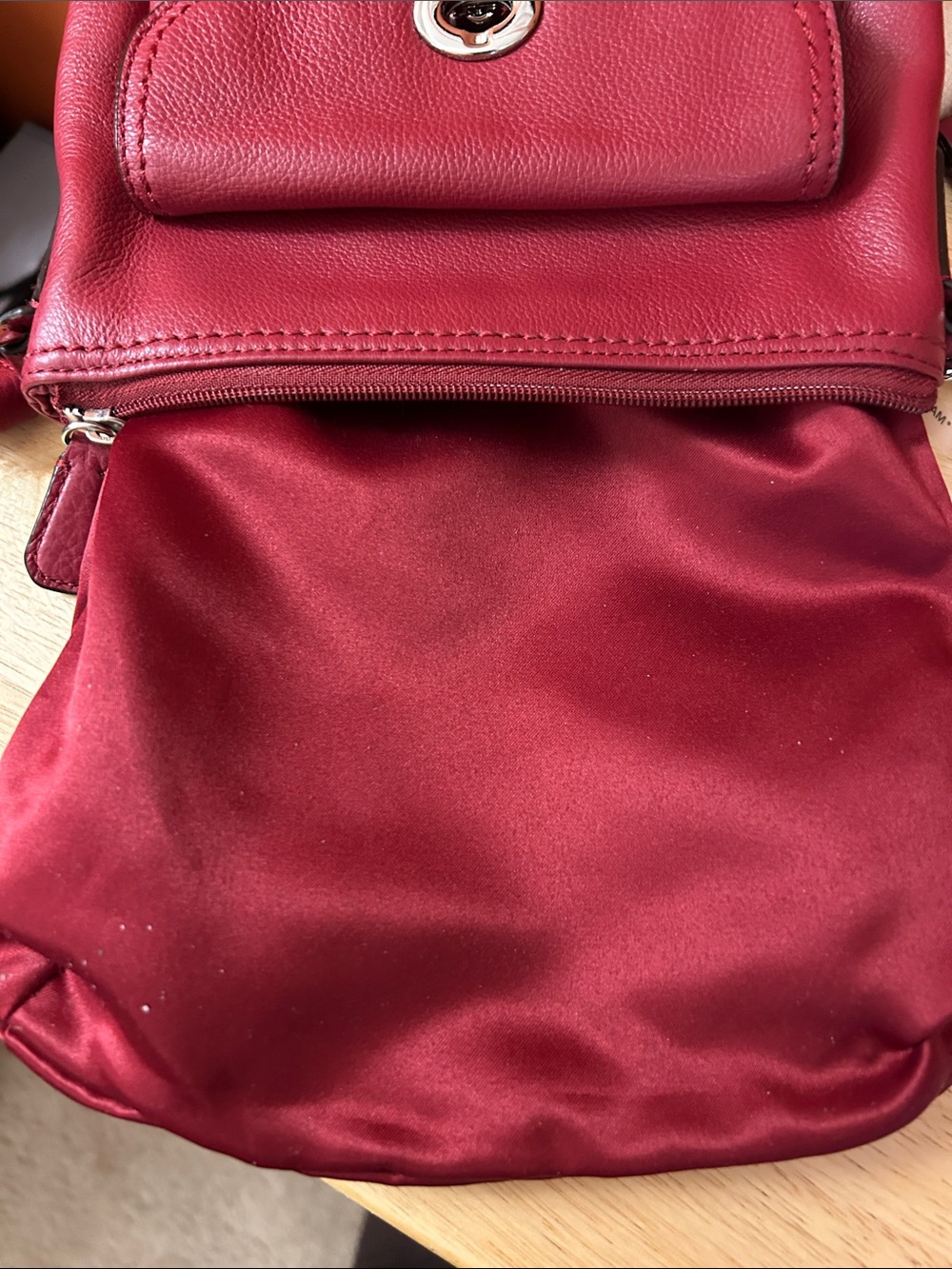 Coach Small Pebbled Leather Crossbody in Burgundy with Canvas Strap - Picture 7 of 11